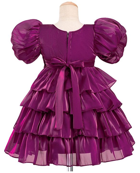 Babyhug Woven Half Puffed  Sleeves Party Dress With Sequin Detailing on Yoke & Floral Applique - Wine