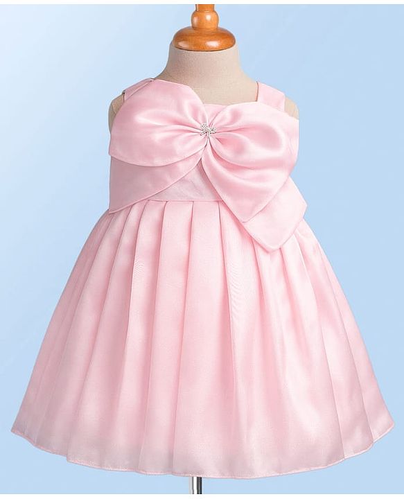 Babyhug Woven Sleeveless Solid Color Pleated Party Dress with Bow Applique - Baby Pink