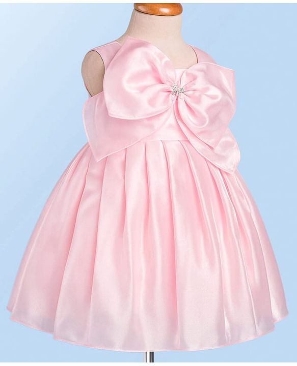 Babyhug Woven Sleeveless Solid Color Pleated Party Dress with Bow Applique - Baby Pink