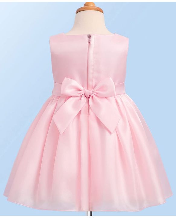 Babyhug Woven Sleeveless Solid Color Pleated Party Dress with Bow Applique - Baby Pink