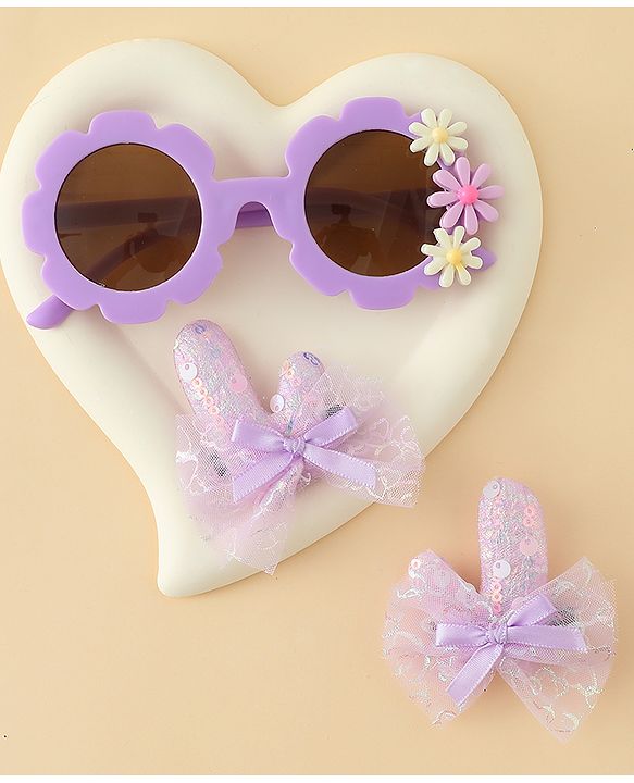 Babyhug Hair Accessories Combo Sets  Sunglasses & Hair Clips Dark With Bow & Floral  Design    Pack of 3 - Dark Purple