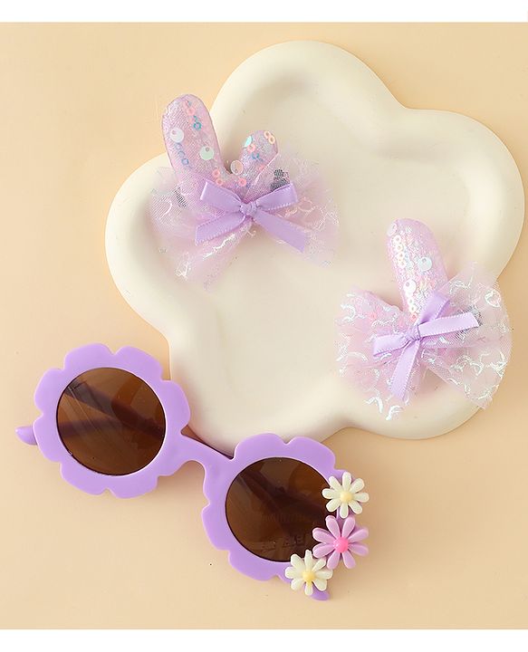 Babyhug Hair Accessories Combo Sets  Sunglasses & Hair Clips Dark With Bow & Floral  Design    Pack of 3 - Dark Purple