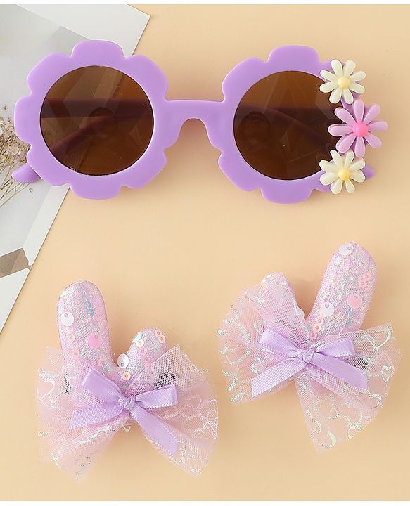 Babyhug Hair Accessories Combo Sets  Sunglasses & Hair Clips Dark With Bow & Floral  Design    Pack of 3 - Dark Purple