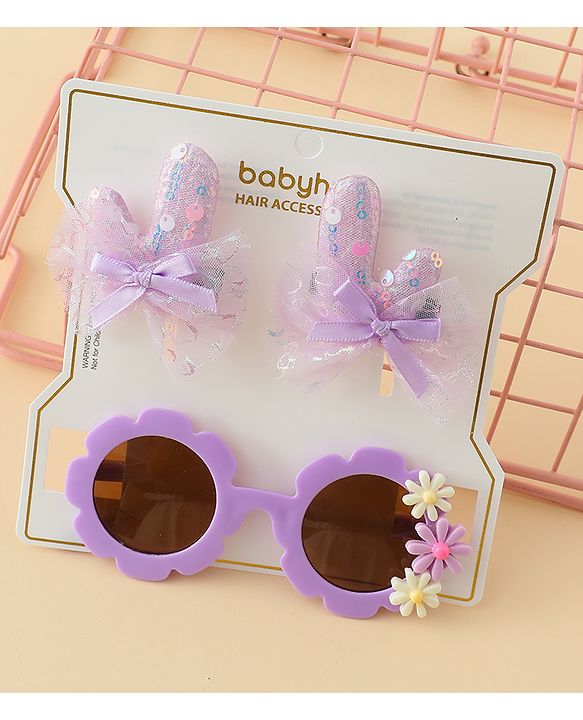 Babyhug Hair Accessories Combo Sets  Sunglasses & Hair Clips Dark With Bow & Floral  Design    Pack of 3 - Dark Purple