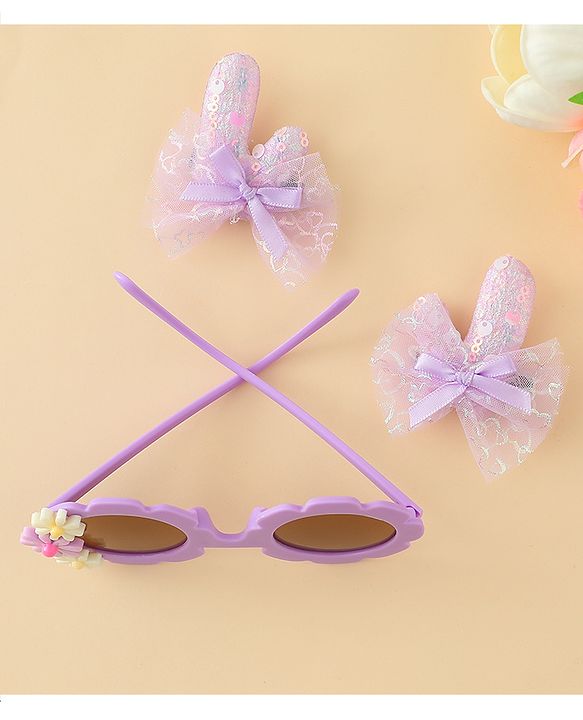 Babyhug Hair Accessories Combo Sets  Sunglasses & Hair Clips Dark With Bow & Floral  Design    Pack of 3 - Dark Purple