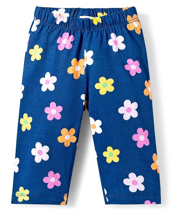 Babyhug Cotton Knit Full Sleeves Co-ords Night Suit With Floral Print - Navy Blue