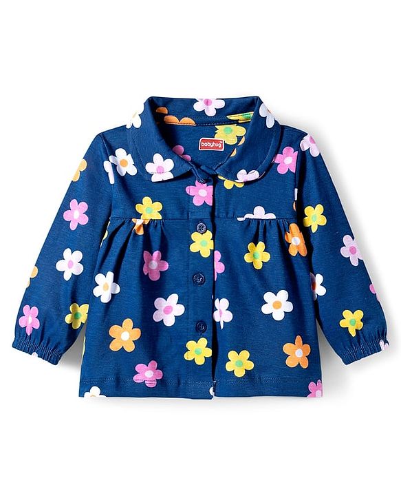 Babyhug Cotton Knit Full Sleeves Co-ords Night Suit With Floral Print - Navy Blue