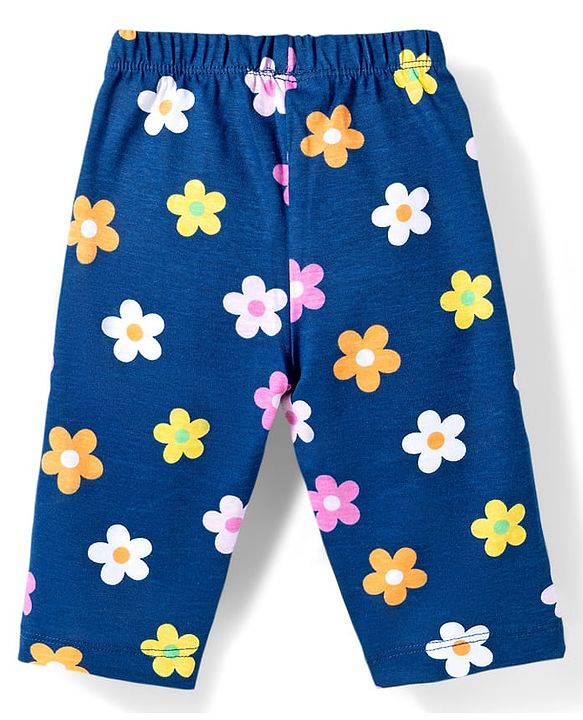 Babyhug Cotton Knit Full Sleeves Co-ords Night Suit With Floral Print - Navy Blue