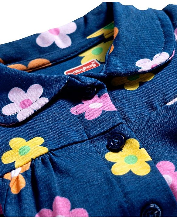Babyhug Cotton Knit Full Sleeves Co-ords Night Suit With Floral Print - Navy Blue