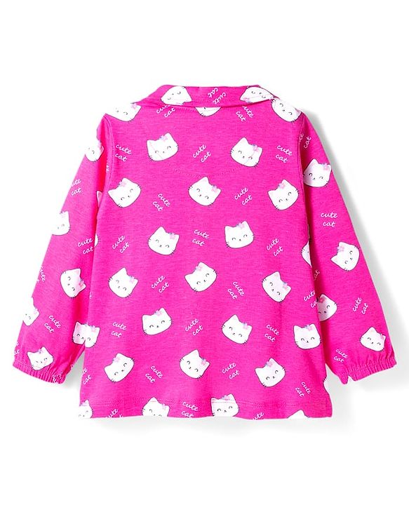 Babyhug Cotton Knit Full Sleeves Co-ords Night Suit With Kitty Print - Pink