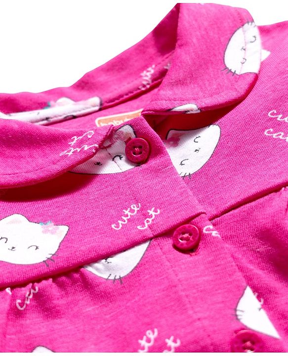 Babyhug Cotton Knit Full Sleeves Co-ords Night Suit With Kitty Print - Pink