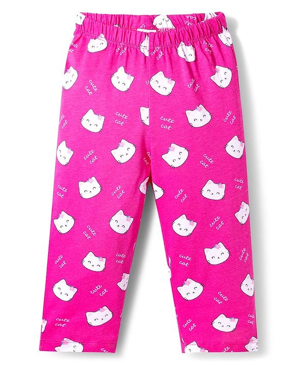 Babyhug Cotton Knit Full Sleeves Co-ords Night Suit With Kitty Print - Pink