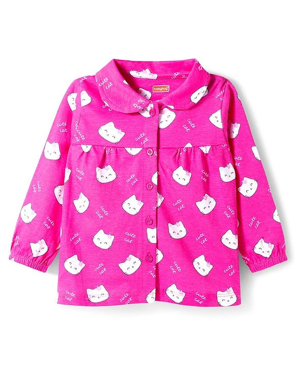 Babyhug Cotton Knit Full Sleeves Co-ords Night Suit With Kitty Print - Pink