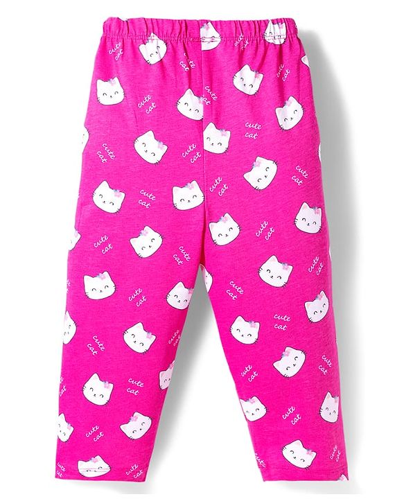 Babyhug Cotton Knit Full Sleeves Co-ords Night Suit With Kitty Print - Pink