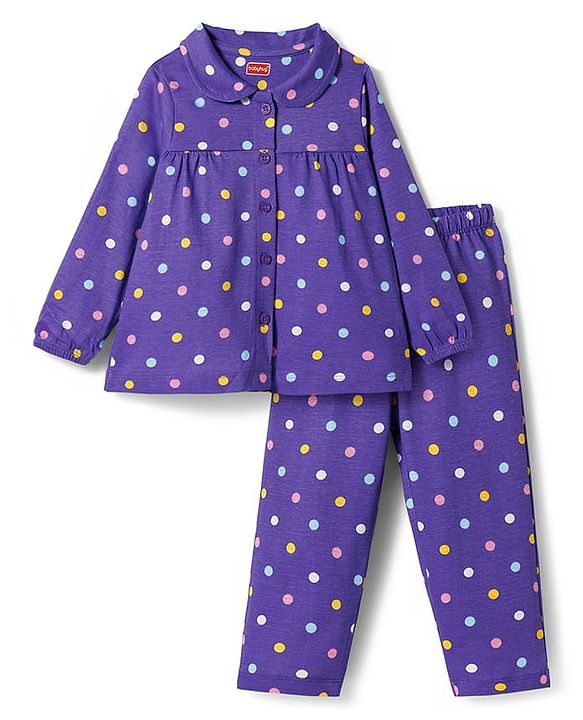 Babyhug Cotton Knit Full Sleeves Co-ords Night Suit With Polka Dot Print - Purple