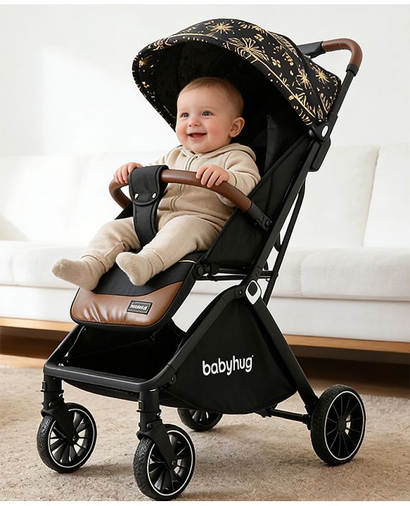 Babyhug Auto-fold Baby Stroller with Concealed Linked Brake - Black| One-Hand Compact Fold|  5-Point Harness| Shock Absorbing Wheels| Travel-Friendly| 0-3 Years Boys & Girls| Reclining Seat| PU Handle