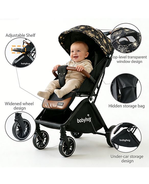 Babyhug Auto-fold Baby Stroller with Concealed Linked Brake - Black| One-Hand Compact Fold|  5-Point Harness| Shock Absorbing Wheels| Travel-Friendly| 0-3 Years Boys & Girls| Reclining Seat| PU Handle