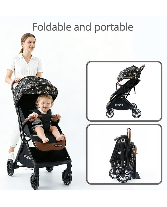Babyhug Auto-fold Baby Stroller with Concealed Linked Brake - Black| One-Hand Compact Fold|  5-Point Harness| Shock Absorbing Wheels| Travel-Friendly| 0-3 Years Boys & Girls| Reclining Seat| PU Handle