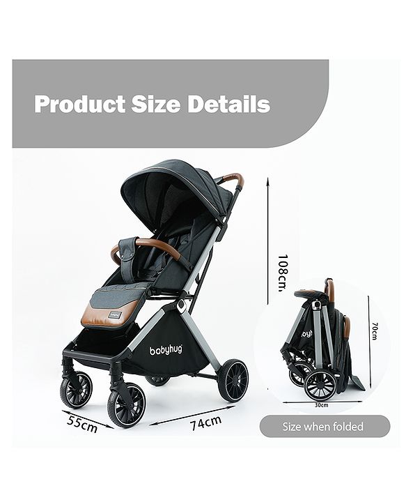 Babyhug Auto-fold Baby Stroller with Concealed Linked Brake - Black| One-Hand Compact Fold|  5-Point Harness| Shock Absorbing Wheels| Travel-Friendly| 0-3 Years Boys & Girls| Reclining Seat| PU Handle