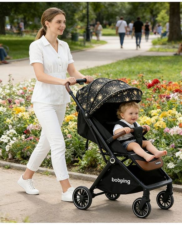 Babyhug Auto-fold Baby Stroller with Concealed Linked Brake - Black| One-Hand Compact Fold|  5-Point Harness| Shock Absorbing Wheels| Travel-Friendly| 0-3 Years Boys & Girls| Reclining Seat| PU Handle