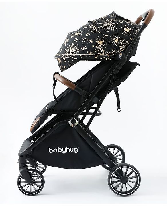 Babyhug Auto-fold Baby Stroller with Concealed Linked Brake - Black| One-Hand Compact Fold|  5-Point Harness| Shock Absorbing Wheels| Travel-Friendly| 0-3 Years Boys & Girls| Reclining Seat| PU Handle