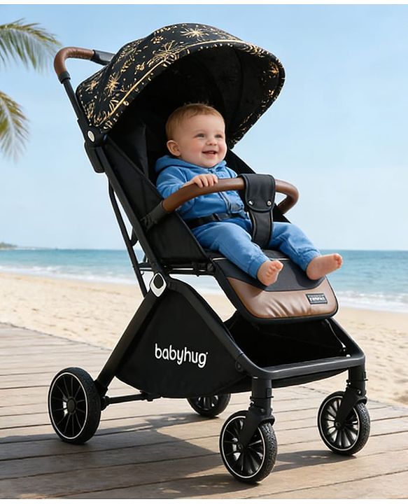 Babyhug Auto-fold Baby Stroller with Concealed Linked Brake - Black| One-Hand Compact Fold|  5-Point Harness| Shock Absorbing Wheels| Travel-Friendly| 0-3 Years Boys & Girls| Reclining Seat| PU Handle