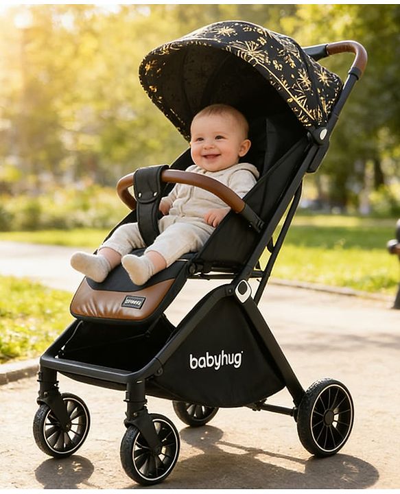 Babyhug Auto-fold Baby Stroller with Concealed Linked Brake - Black| One-Hand Compact Fold|  5-Point Harness| Shock Absorbing Wheels| Travel-Friendly| 0-3 Years Boys & Girls| Reclining Seat| PU Handle