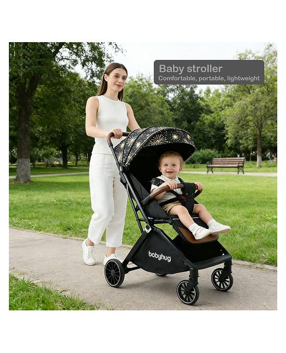 Babyhug Auto-fold Baby Stroller with Concealed Linked Brake - Black| One-Hand Compact Fold|  5-Point Harness| Shock Absorbing Wheels| Travel-Friendly| 0-3 Years Boys & Girls| Reclining Seat| PU Handle