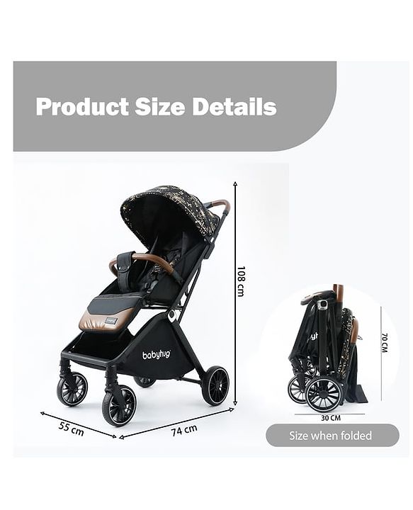 Babyhug Auto-fold Baby Stroller with Concealed Linked Brake - Black| One-Hand Compact Fold|  5-Point Harness| Shock Absorbing Wheels| Travel-Friendly| 0-3 Years Boys & Girls| Reclining Seat| PU Handle
