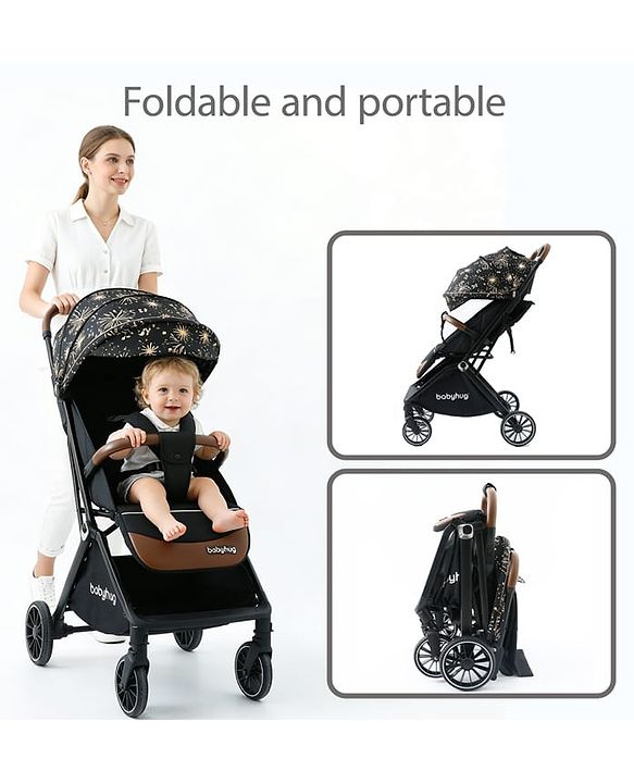Babyhug Auto-fold Baby Stroller with Concealed Linked Brake - Black| One-Hand Compact Fold|  5-Point Harness| Shock Absorbing Wheels| Travel-Friendly| 0-3 Years Boys & Girls| Reclining Seat| PU Handle
