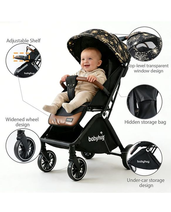Babyhug Auto-fold Baby Stroller with Concealed Linked Brake - Black| One-Hand Compact Fold|  5-Point Harness| Shock Absorbing Wheels| Travel-Friendly| 0-3 Years Boys & Girls| Reclining Seat| PU Handle
