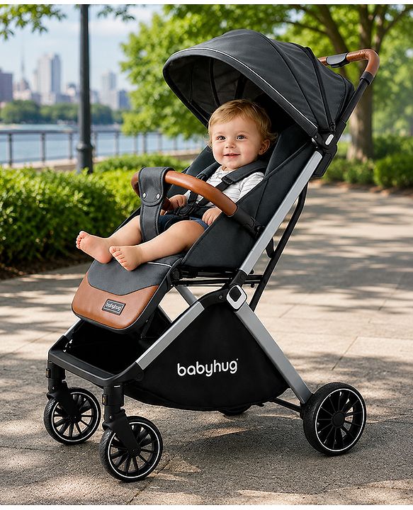 Babyhug Auto-fold Baby Stroller with Concealed Linked Brake - Black| One-Hand Compact Fold|  5-Point Harness| Shock Absorbing Wheels| Travel-Friendly| 0-3 Years Boys & Girls| Reclining Seat| PU Handle