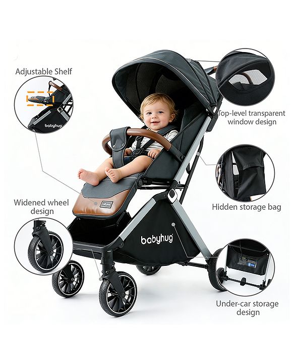 Babyhug Auto-fold Baby Stroller with Concealed Linked Brake - Black| One-Hand Compact Fold|  5-Point Harness| Shock Absorbing Wheels| Travel-Friendly| 0-3 Years Boys & Girls| Reclining Seat| PU Handle