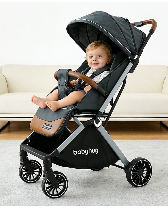 Babyhug Auto-fold Baby Stroller with Concealed Linked Brake - Black| One-Hand Compact Fold|  5-Point Harness| Shock Absorbing Wheels| Travel-Friendly| 0-3 Years Boys & Girls| Reclining Seat| PU Handle