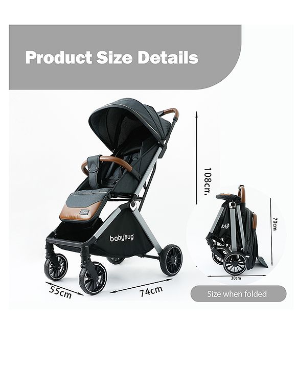 Babyhug Auto-fold Baby Stroller with Concealed Linked Brake - Black| One-Hand Compact Fold|  5-Point Harness| Shock Absorbing Wheels| Travel-Friendly| 0-3 Years Boys & Girls| Reclining Seat| PU Handle