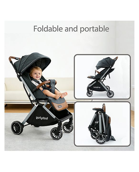 Babyhug Auto-fold Baby Stroller with Concealed Linked Brake - Black| One-Hand Compact Fold|  5-Point Harness| Shock Absorbing Wheels| Travel-Friendly| 0-3 Years Boys & Girls| Reclining Seat| PU Handle