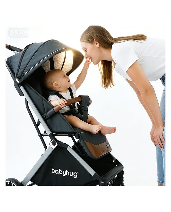 Babyhug Auto-fold Baby Stroller with Concealed Linked Brake - Black| One-Hand Compact Fold|  5-Point Harness| Shock Absorbing Wheels| Travel-Friendly| 0-3 Years Boys & Girls| Reclining Seat| PU Handle