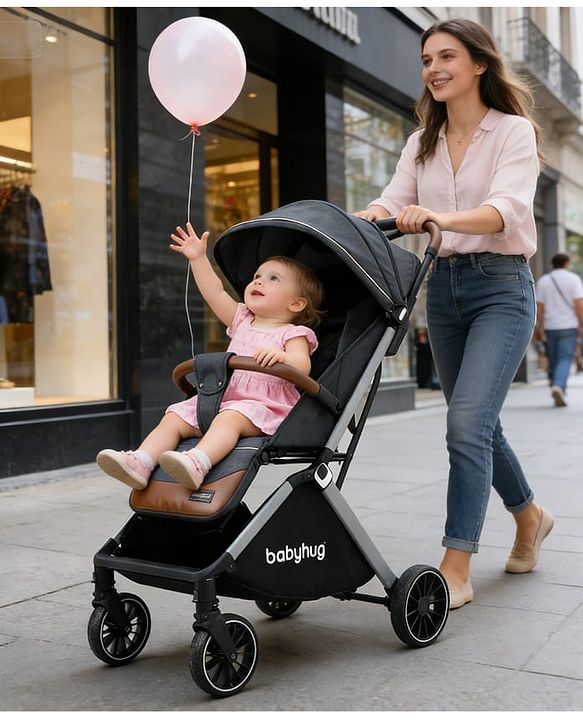 Babyhug Auto-fold Baby Stroller with Concealed Linked Brake - Black| One-Hand Compact Fold|  5-Point Harness| Shock Absorbing Wheels| Travel-Friendly| 0-3 Years Boys & Girls| Reclining Seat| PU Handle