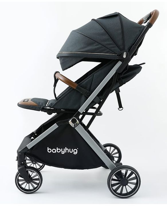 Babyhug Auto-fold Baby Stroller with Concealed Linked Brake - Black| One-Hand Compact Fold|  5-Point Harness| Shock Absorbing Wheels| Travel-Friendly| 0-3 Years Boys & Girls| Reclining Seat| PU Handle