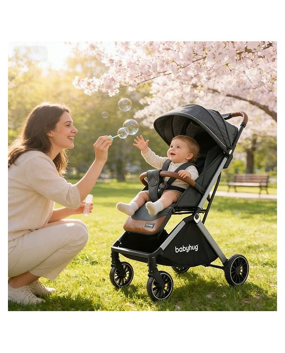 Babyhug Auto-fold Baby Stroller with Concealed Linked Brake - Black| One-Hand Compact Fold|  5-Point Harness| Shock Absorbing Wheels| Travel-Friendly| 0-3 Years Boys & Girls| Reclining Seat| PU Handle