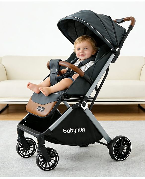 Babyhug Auto-fold Baby Stroller with Concealed Linked Brake - Black| One-Hand Compact Fold|  5-Point Harness| Shock Absorbing Wheels| Travel-Friendly| 0-3 Years Boys & Girls| Reclining Seat| PU Handle