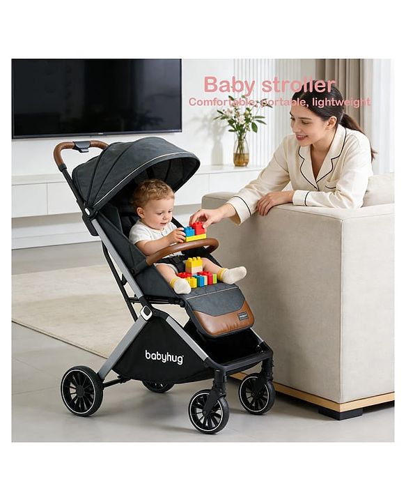 Babyhug Auto-fold Baby Stroller with Concealed Linked Brake - Black| One-Hand Compact Fold|  5-Point Harness| Shock Absorbing Wheels| Travel-Friendly| 0-3 Years Boys & Girls| Reclining Seat| PU Handle