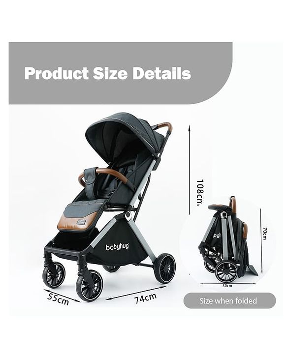 Babyhug Auto-fold Baby Stroller with Concealed Linked Brake - Black| One-Hand Compact Fold|  5-Point Harness| Shock Absorbing Wheels| Travel-Friendly| 0-3 Years Boys & Girls| Reclining Seat| PU Handle