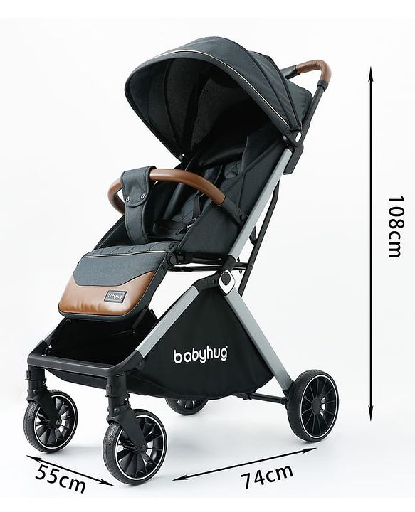 Babyhug Auto-fold Baby Stroller with Concealed Linked Brake - Black| One-Hand Compact Fold|  5-Point Harness| Shock Absorbing Wheels| Travel-Friendly| 0-3 Years Boys & Girls| Reclining Seat| PU Handle