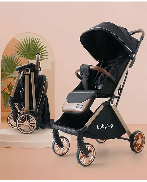 Babyhug Auto-fold Baby Stroller with Concealed Linked Brake - Black| One-Hand Compact Fold|  5-Point Harness| Shock Absorbing Wheels| Travel-Friendly| 0-3 Years Boys & Girls| Reclining Seat| PU Handle