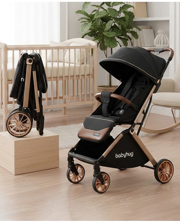 Babyhug Auto-fold Baby Stroller with Concealed Linked Brake - Black| One-Hand Compact Fold|  5-Point Harness| Shock Absorbing Wheels| Travel-Friendly| 0-3 Years Boys & Girls| Reclining Seat| PU Handle