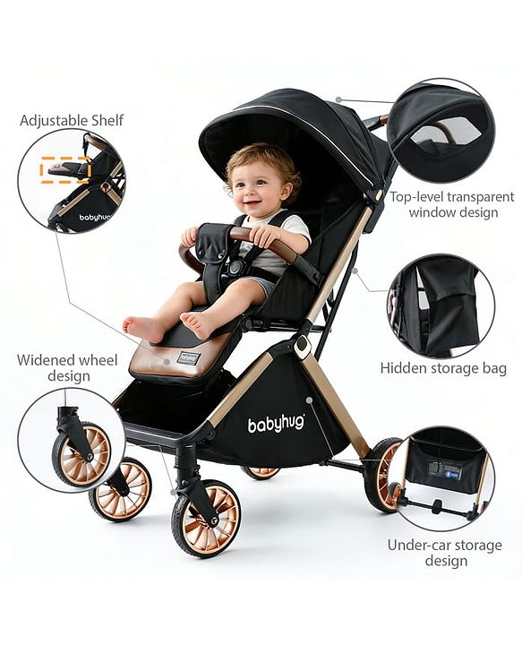 Babyhug Auto-fold Baby Stroller with Concealed Linked Brake - Black| One-Hand Compact Fold|  5-Point Harness| Shock Absorbing Wheels| Travel-Friendly| 0-3 Years Boys & Girls| Reclining Seat| PU Handle