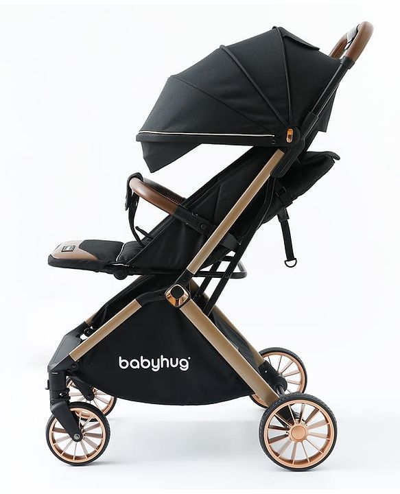Babyhug Auto-fold Baby Stroller with Concealed Linked Brake - Black| One-Hand Compact Fold|  5-Point Harness| Shock Absorbing Wheels| Travel-Friendly| 0-3 Years Boys & Girls| Reclining Seat| PU Handle