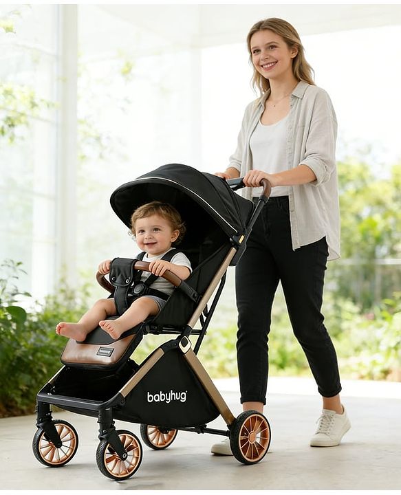Babyhug Auto-fold Baby Stroller with Concealed Linked Brake - Black| One-Hand Compact Fold|  5-Point Harness| Shock Absorbing Wheels| Travel-Friendly| 0-3 Years Boys & Girls| Reclining Seat| PU Handle