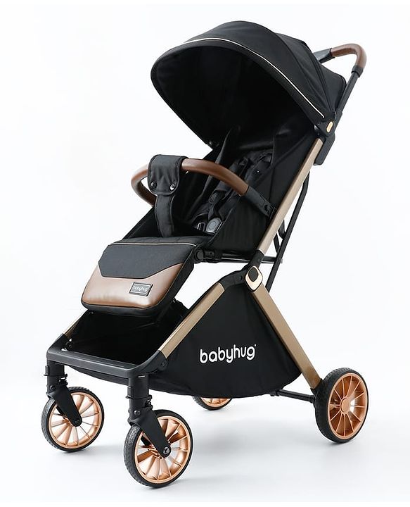 Babyhug Auto-fold Baby Stroller with Concealed Linked Brake - Black| One-Hand Compact Fold|  5-Point Harness| Shock Absorbing Wheels| Travel-Friendly| 0-3 Years Boys & Girls| Reclining Seat| PU Handle